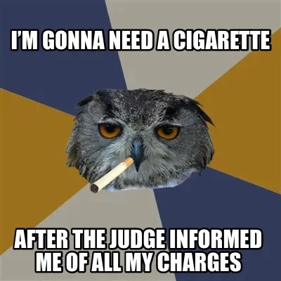 Funny I’m gonna need a cigarette After the judge informed me of all my charges
