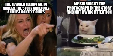 Funny the teacher telling me to analyze the story carefully and use context clues Me s