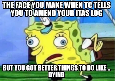 Funny The face you make when TC tells you to amend your Itas log But you got better th