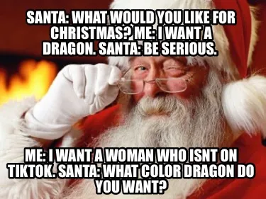 Santa What Would You Like For Christmas Me I Want A Dragon. Santa Be Serious. Me