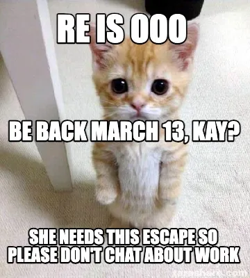 Funny re is ooo She needs this escape so please don't chat about work be back march 13