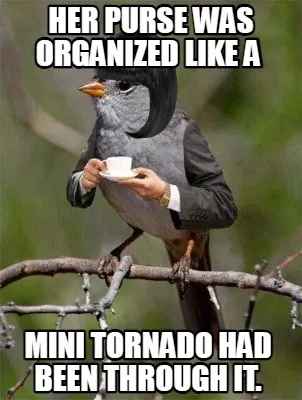 Funny Her purse was organized like a mini tornado had been through it.