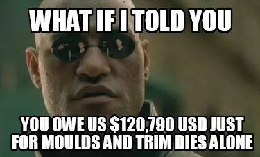 Funny what if i told you you owe us $120,790 USD just for moulds and trim dies alone
