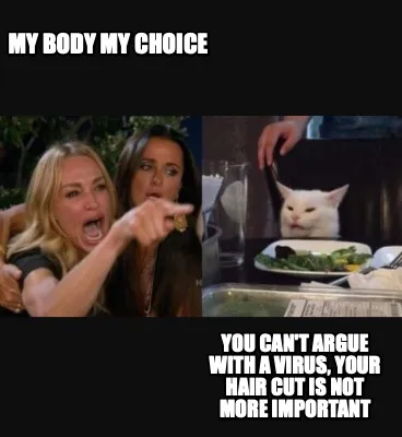 Funny my body my choice you can't argue with a virus, your hair cut is not more import