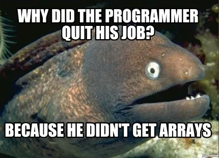 Funny Why did the programmer quit his job? Because he didn't get arrays