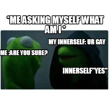 Funny *me asking myself what am i * my innerself: ur gay me :are you sure? innerself"y