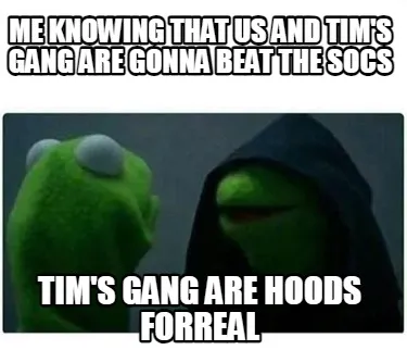 Funny me knowing that us and Tim's gang are gonna beat the socs Tim's gang are hoods f