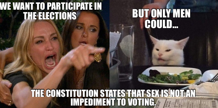 WE WANT TO PARTICIPATE IN THE ELECTIONS  — BUT ONLY MEN COULD... — THE CONSTITUTION STATES THAT SEX