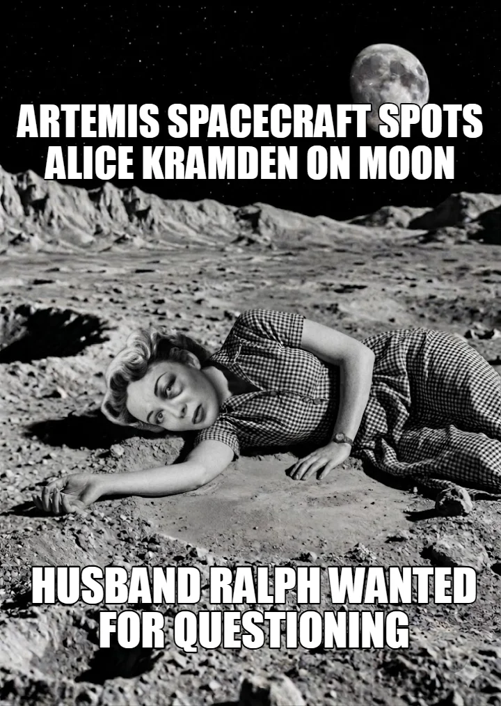 ARTEMIS SPACECRAFT SPOTS ALICE KRAMDEN ON MOON — HUSBAND RALPH WANTED FOR QUESTIONING