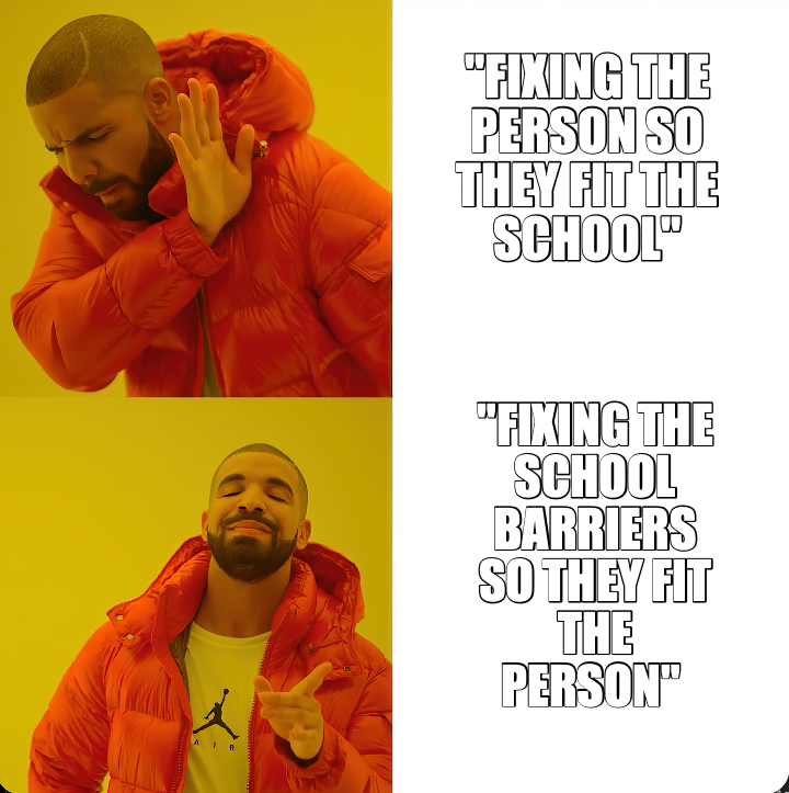 "FIXING THE PERSON SO THEY FIT THE SCHOOL"
 — "FIXING THE SCHOOL BARRIERS SO THEY FIT THE PERSON"